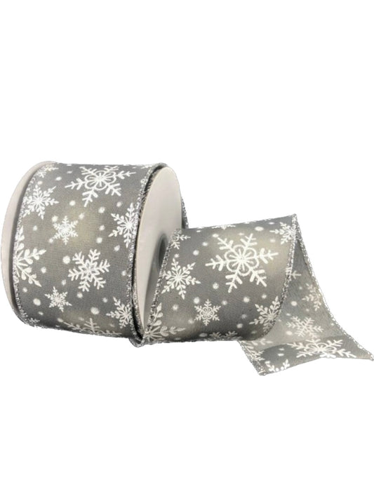 10 Yards - 2.5" Wired Sparkly Gray and White Snowflake Ribbon