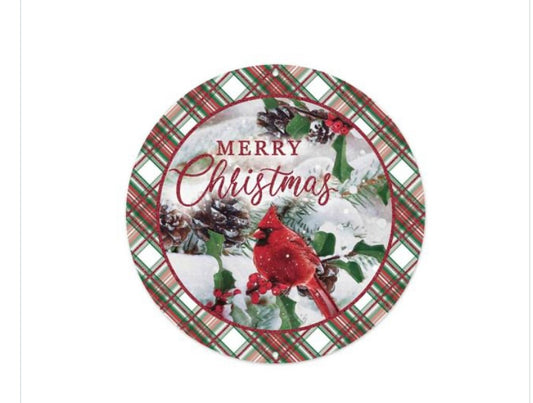 8” Round Metal Merry Christmas Cardinal Wreath Sign