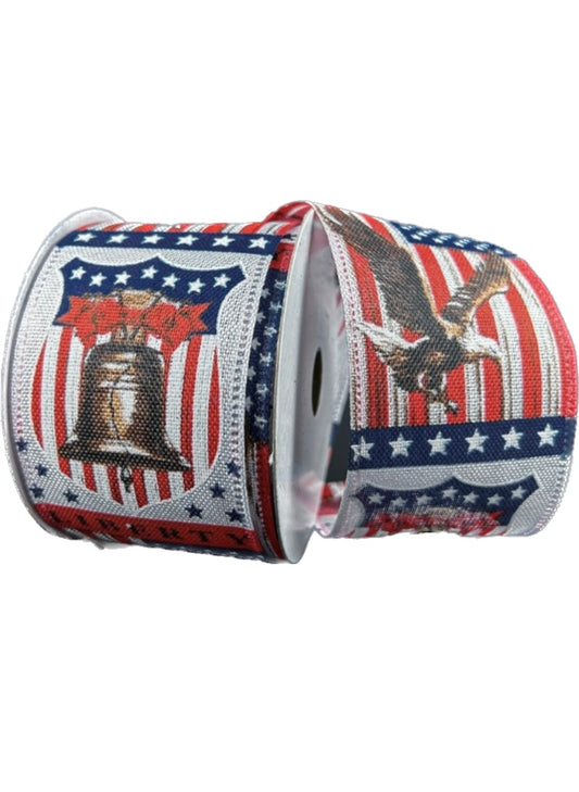 10 Yards - 2.5” Wired Patriotic Symbols Red, Natural, and Navy Blue Flag Ribbon