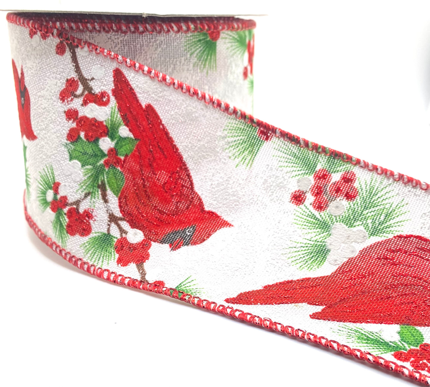 10 Yards - 2.5” Wired White Linen Cardinal Berry Branch Ribbon