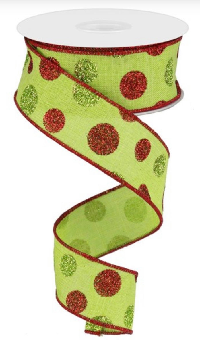 10 Yards - 1.5” Wired Red and Green Glitter Polka Dot Ribbon