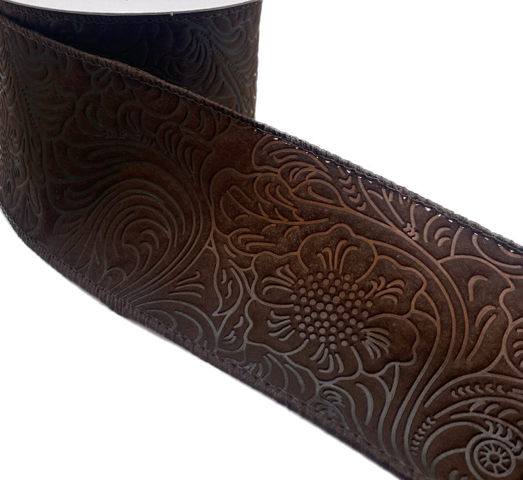 10 Yards - 2.5” Wired Chocolate Brown Floral Embossed Ribbon