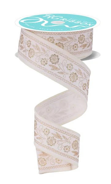 Wired Ivory and Gold Embroidered Style Floral Ribbon- 1.5”x10 Yards