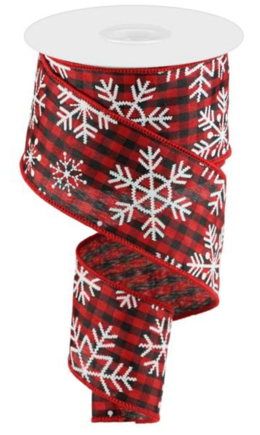 10 Yards - 2.5" Wired Red and Black Check Snowflake Ribbon