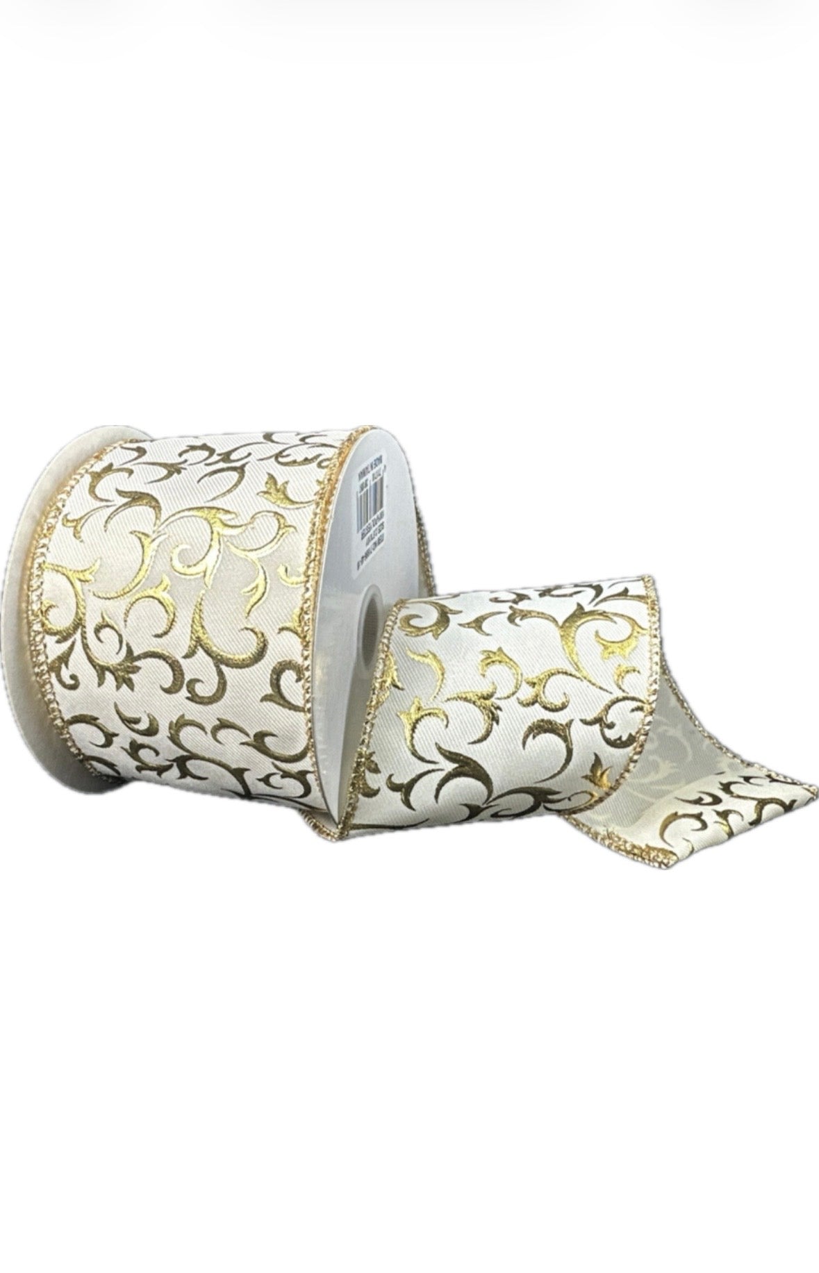 Wired Ivory Diagonal Line Gold Embossed Swirls Ribbon-2.5”x10 Yards