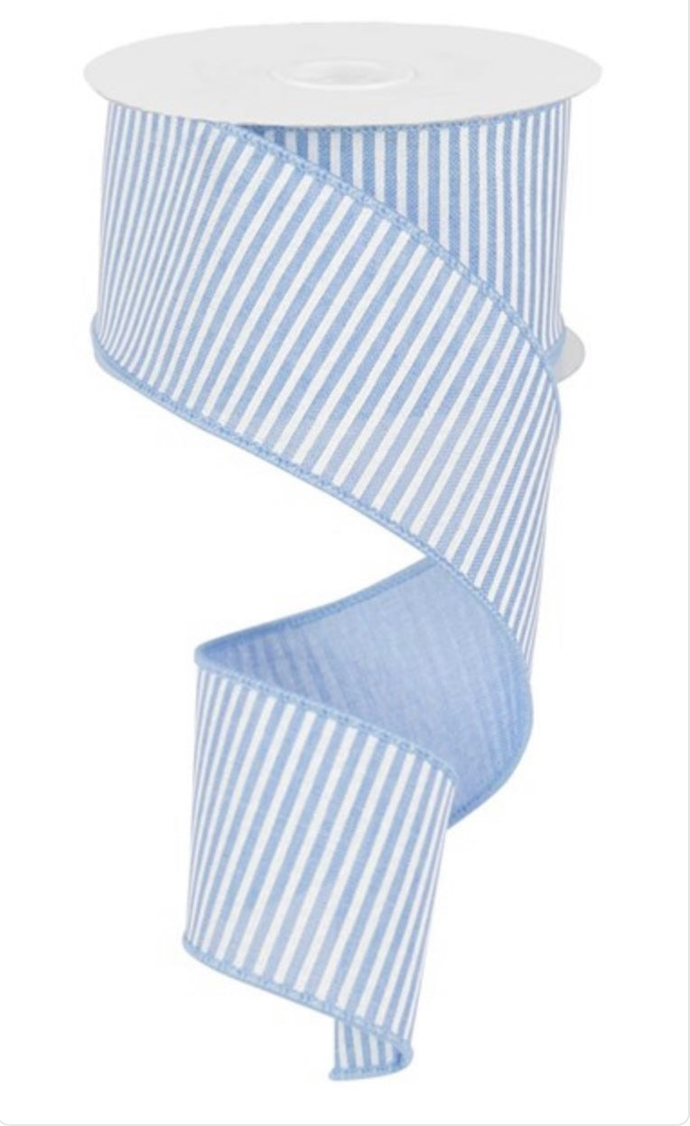 10 Yards - 2.5” Wired Pale Blue and White Linen Horizontal Stripes