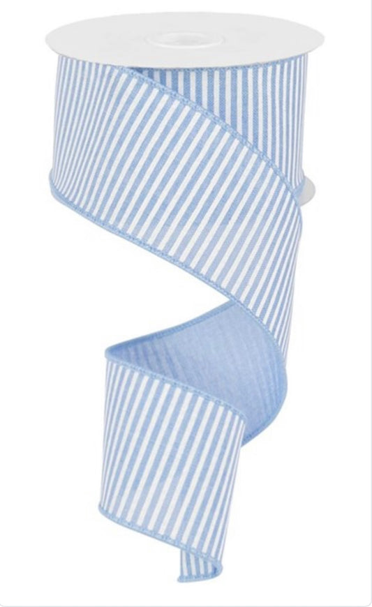 10 Yards - 2.5” Wired Pale Blue and White Linen Horizontal Stripes