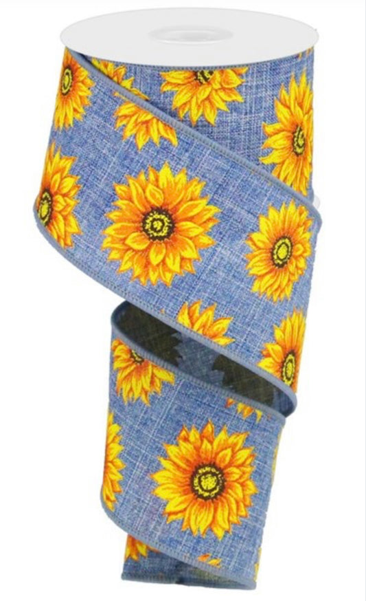 10 Yards - 2.5" Wired Light Blue Denim Background Sunflower Fall Ribbon