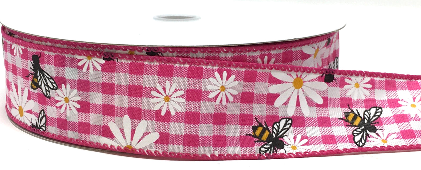 50 Yards - 1.5” Wired Pink and White Check Bumblebee Daisy Ribbon