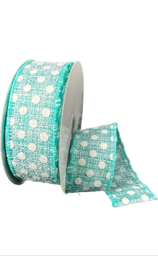 Wired Aqua Tweed White Small Dots Ribbon- 1.5”x 10 Yards