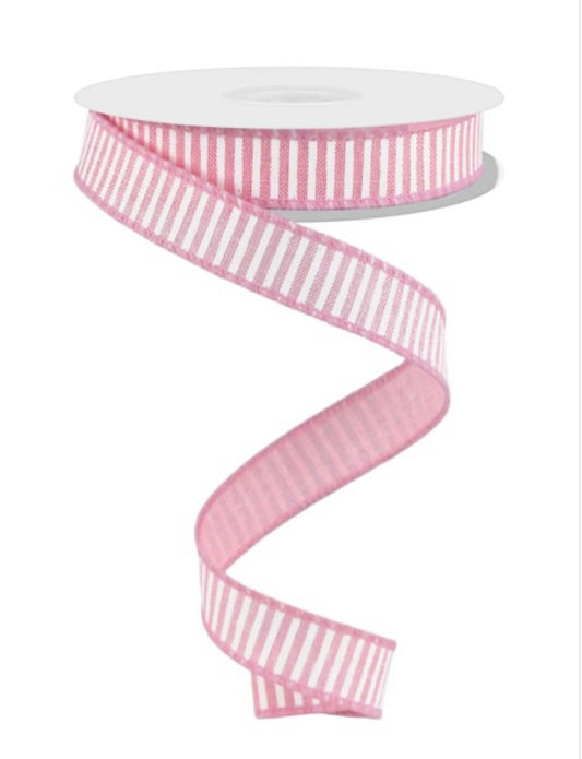 10 Yards - 5/8” Wired Pink and White Stripe Ribbon