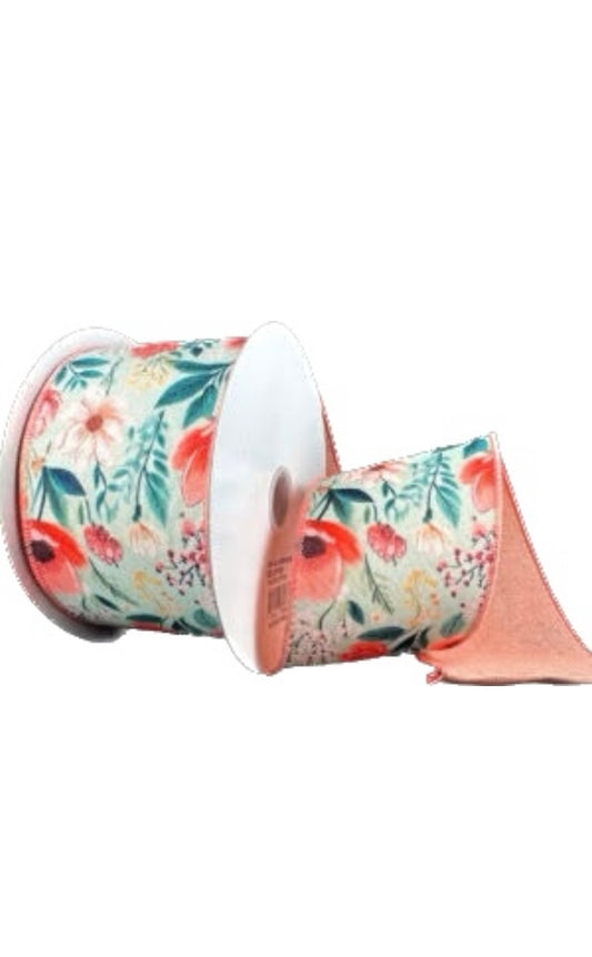 Wired Double Sided Mint Satin-Coral/Cream Dainty Flowers Coral Linen Back Ribbon- 2.5”x10 Yards