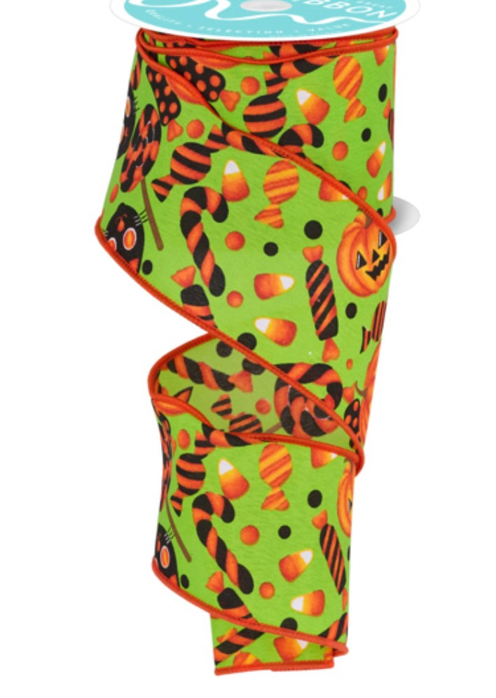 10 Yards - 2.5” Wired Pumpkin Cat Candy Green Background Ribbon