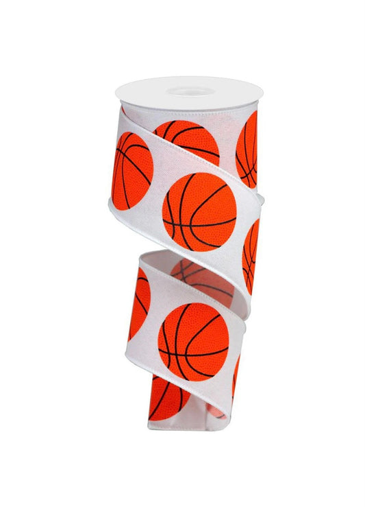 10 Yards - 2.5" Wired White Background Basketball Ribbon