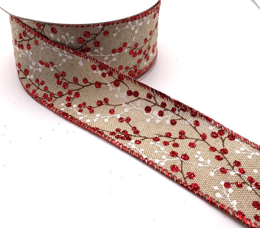 10 Yards - 1.5” Wired Natural Linen Red and White Berry Ribbon