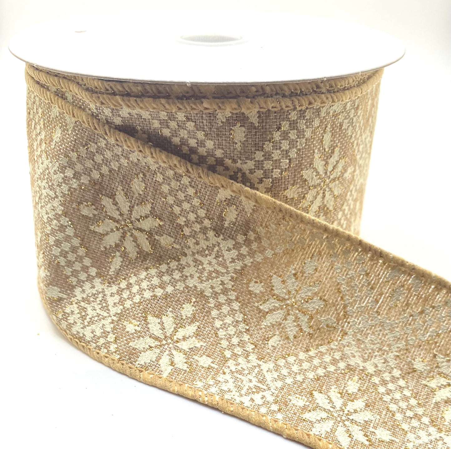 10 Yards - 1.5” Wired Natural Burlap White Rustic Poinsettias Ribbon