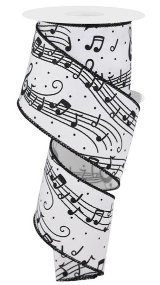 10 Yards- 2.5” Wired Musical Notes Black and White Ribbon