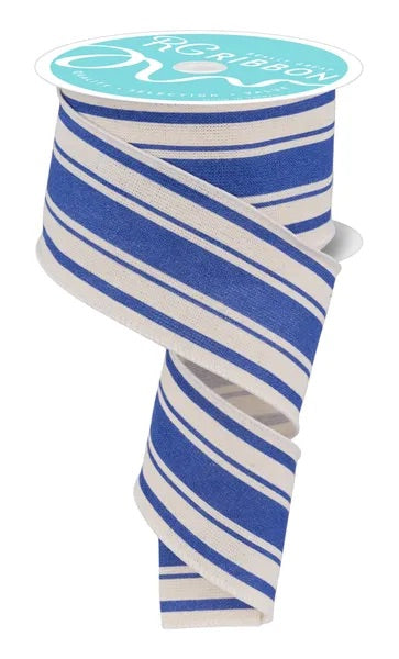 Ivory and Blue Farmhouse Stripe Ribbon- 2.5”x10 Yards