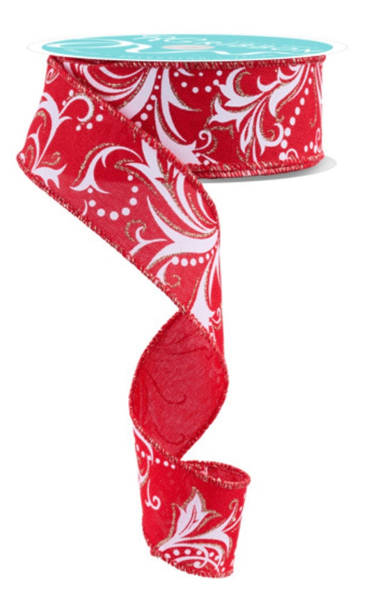 10 Yards- 1.5” Wired Red and White Leaf Filagree Ribbon