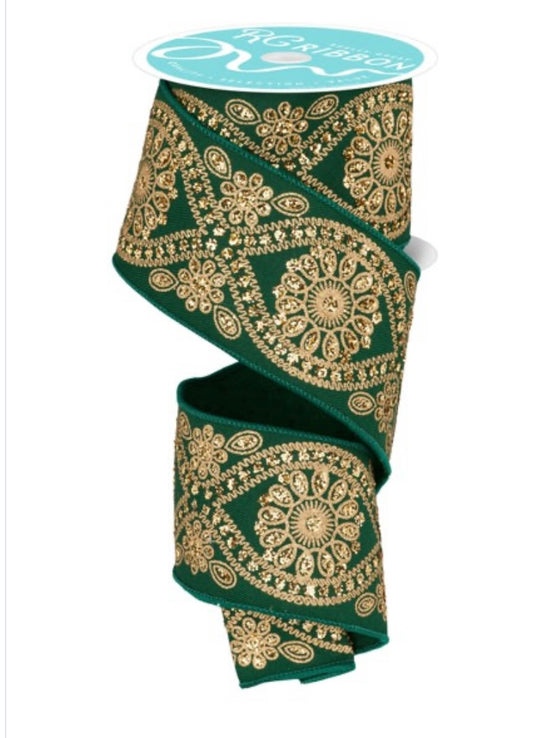10 Yards - 2.5” Wired Hunter Green and Gold Deluxe Wavy Floral Ribbon