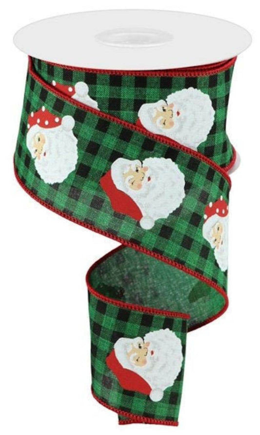 10 Yards - 2.5” Wired Santa in Green and Black Check Christmas Ribbon