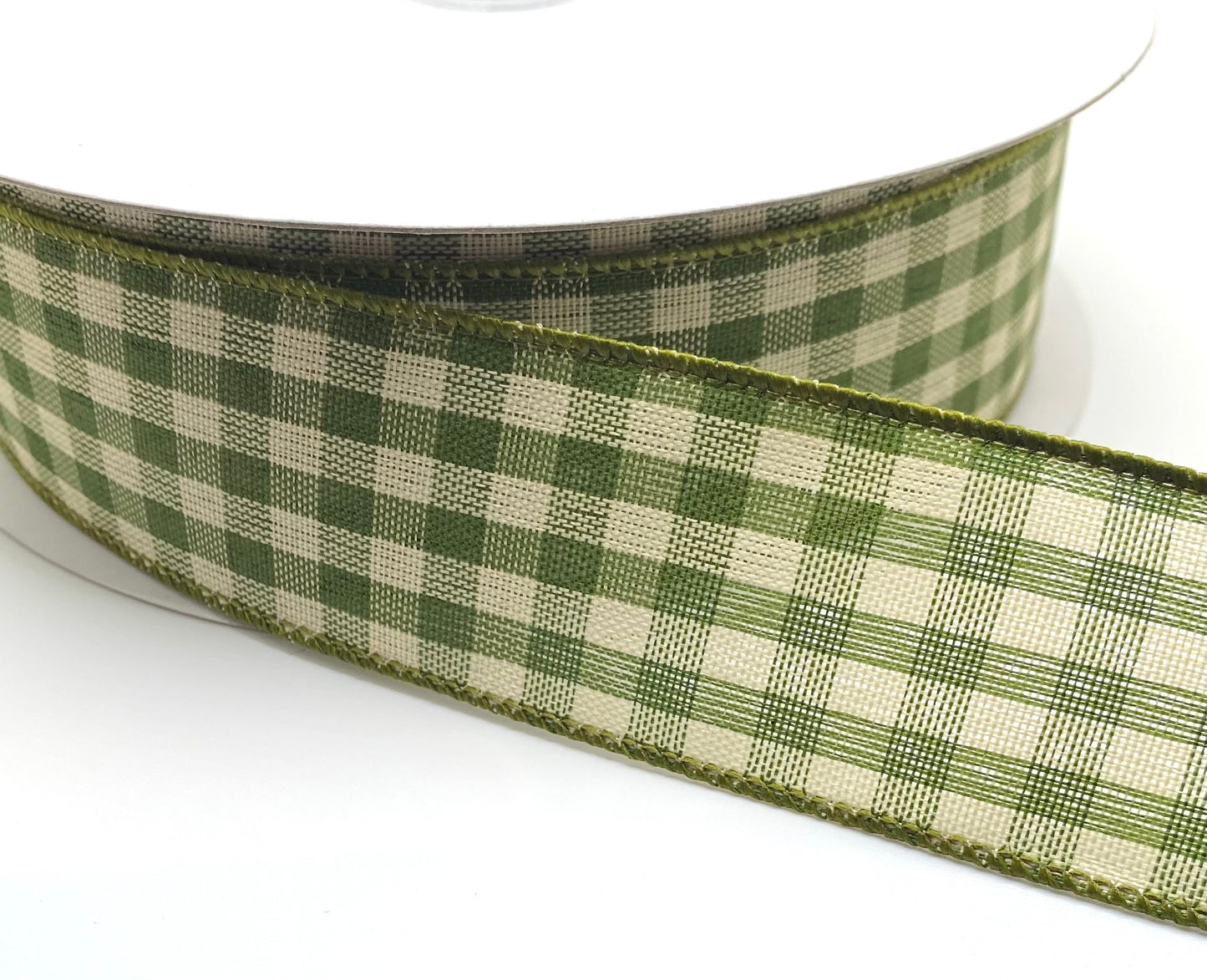 50 Yards - 1.5” Wired Moss Green and Cream Woven Check Ribbon