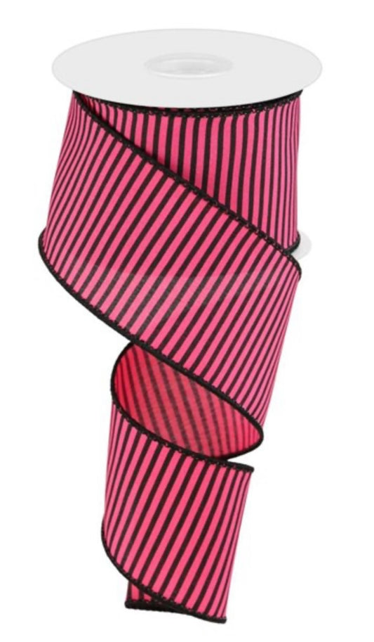 10 Yards - 2.5” Wired Pink and Black Stripe Ribbon