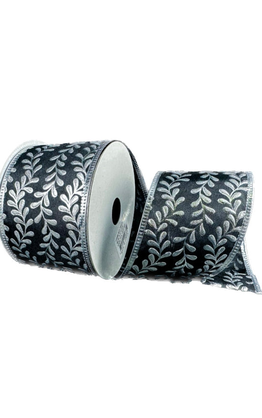 Wired Black Satin Silver Vines Ribbon-2.5”x10 Yards