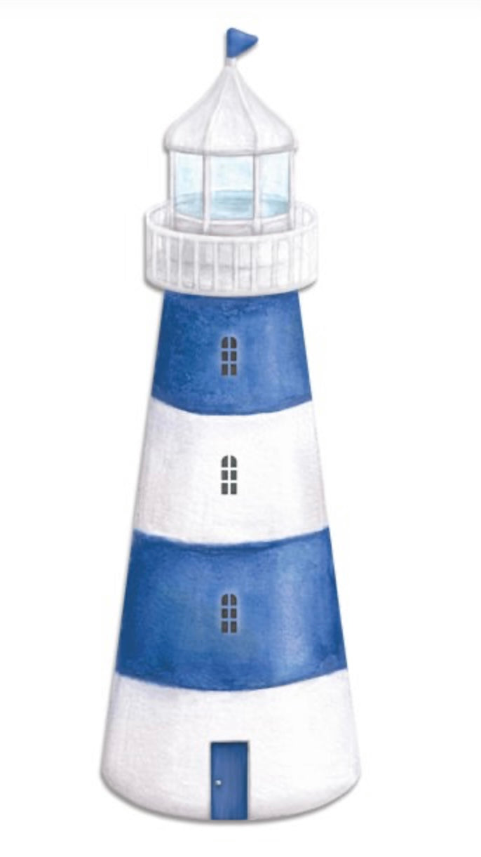 16” Metal Embossed Blue and White Lighthouse Wreath Sign