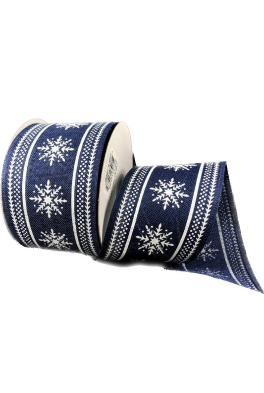 10 Yards - 2.5" Wired Navy Background White Snowflake Ribbon