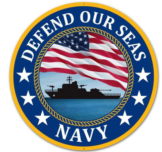 12” Round Metal Defend Our Seas Navy Wreath Sign