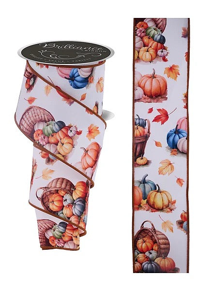 Wired Fall Pumpkin and Leaves on Ivory Ribbon- 2.5”x10 Yards
