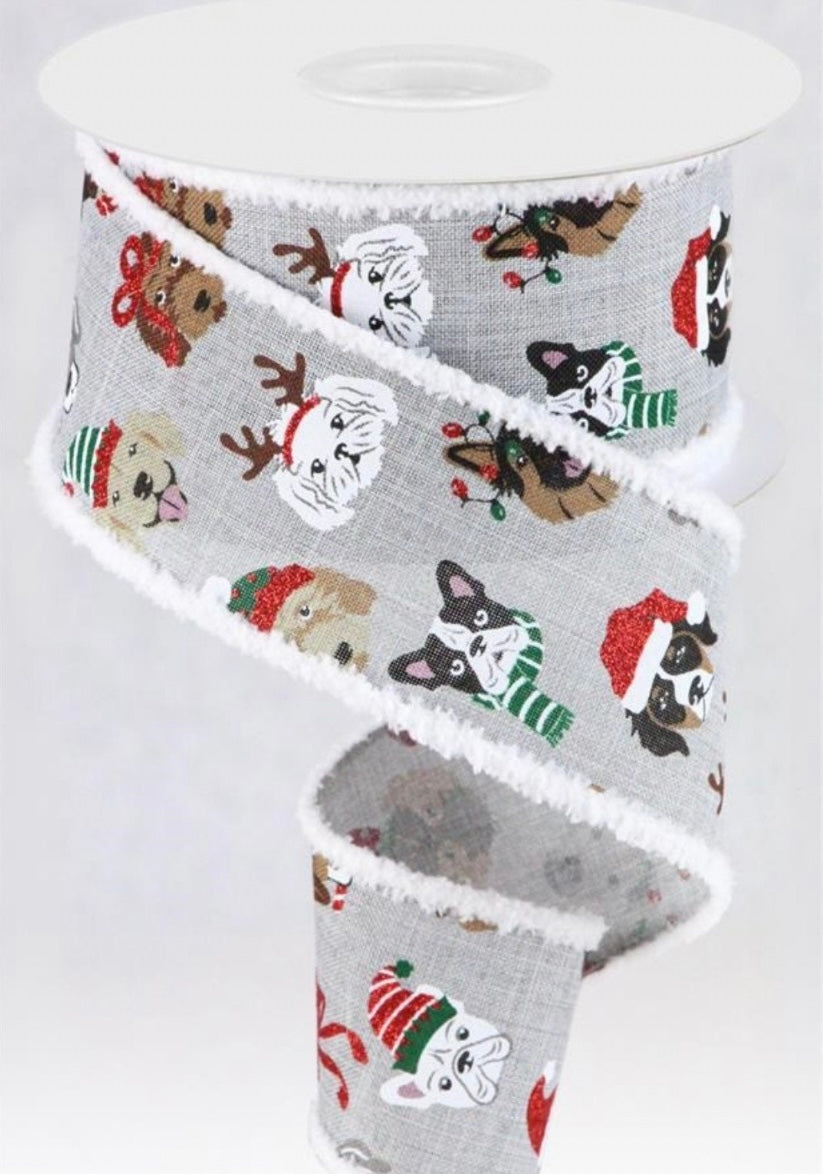 10 Yards - 2.5” Wired Gray Background Christmas Pooch Dog Ribbon with Glitter Accent and Snowdrift Edge