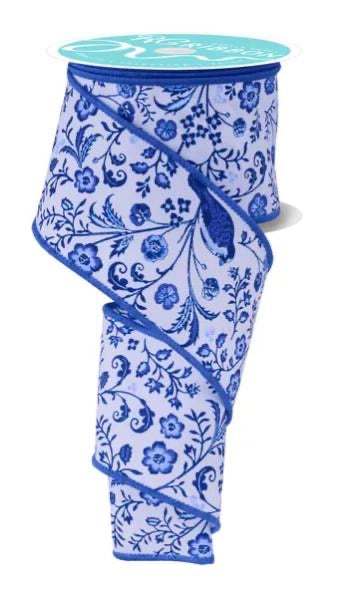 Wired Blue and White Chinoiserie Florals Ribbon- 2.5”x10 Yards