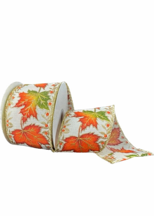 Wired Fall Leaves with Glitter Accent Ribbon- 2.5”x10 Yards