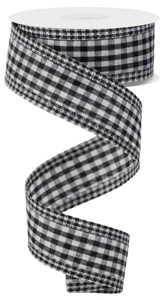 Wired Black and White Gingham Check Ribbon with Gingham Edge-1.5”x10 Yards
