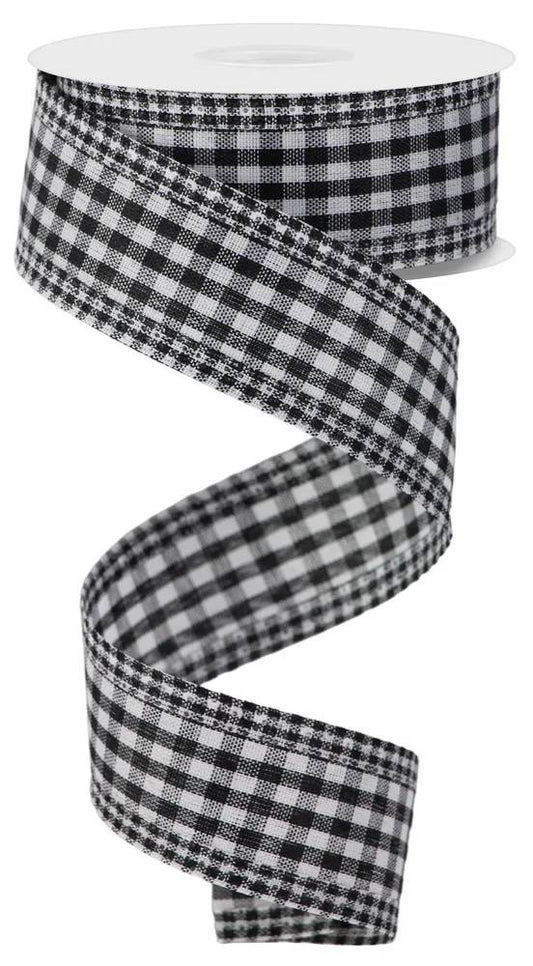 Wired Black and White Gingham Check Ribbon with Gingham Edge-1.5”x10 Yards
