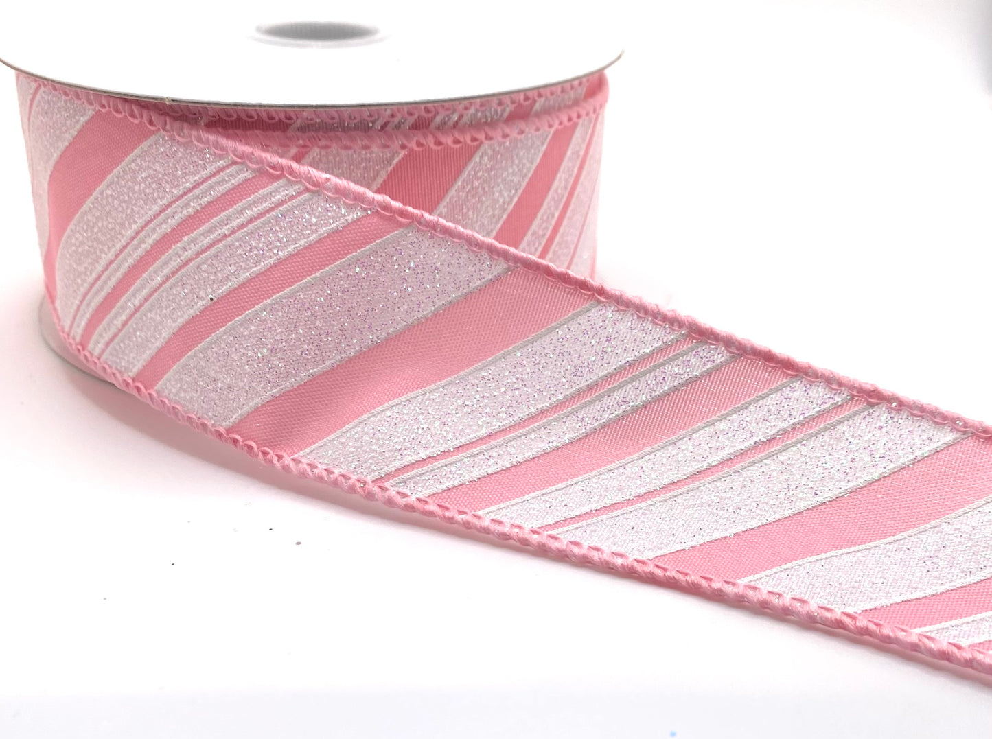 10 Yards - 1.5” Wired Pink and White Diagonal Stripe Glitter Accent Ribbon