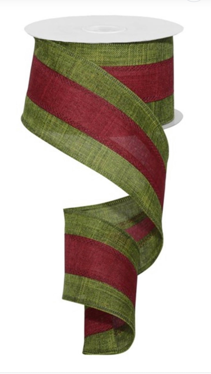 Wired Dark Moss and Burgundy Stripe Ribbon- 2.5”x10 Yards