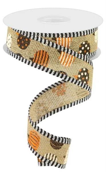 Wired Burlap Pumpkin Ribbon with Black and White Stripe Border - Fall Ribbon - Halloween Ribbon-1.5”x10 Yards