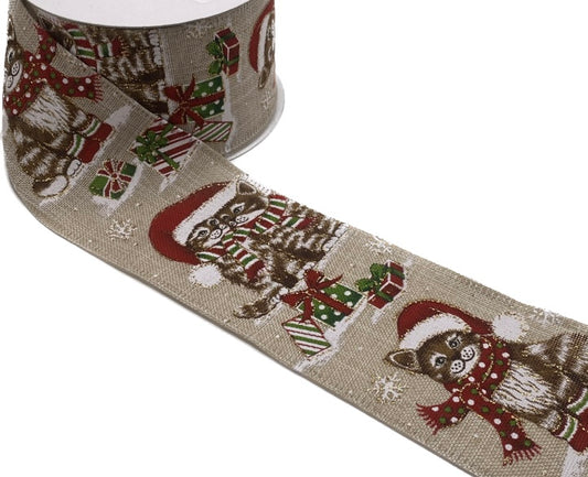 10 Yards - 2.5" Wired Natural Textured Linen Christmas Gold Glitter Cats Ribbon