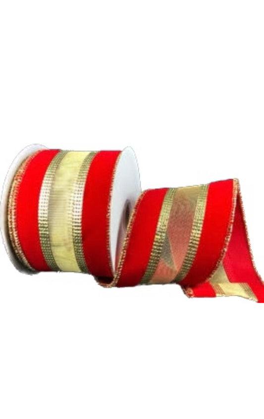 Wired Red Velvet Ribbon with Gold Glitter Stripe-2.5”x10 Yards
