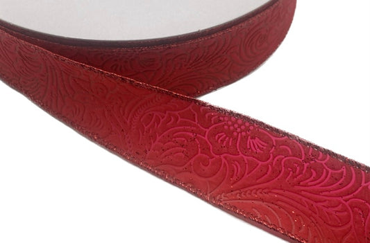 50 Yards - 1.5” Wired Red with Glitter Floral Design Embossed Ribbon