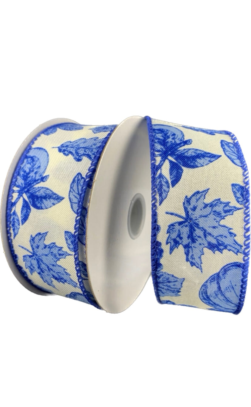 Wired Cream and Blue Fall Ribbon- 1.5”x10 Yards