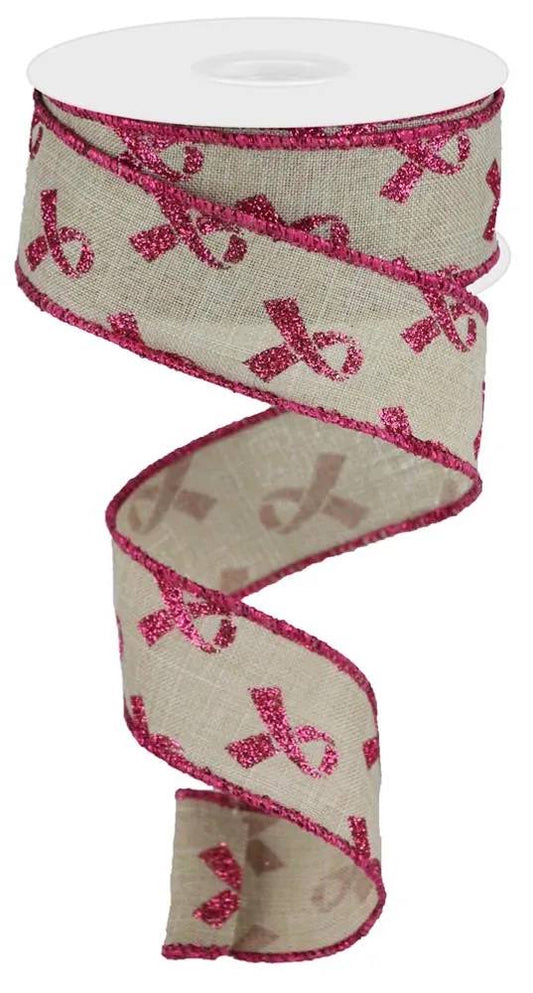 Wired Natural Background Breast Cancer Awareness Ribbon with Glitter Accent- 1.5”x10 Yards