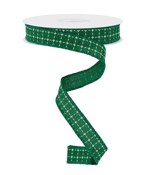 Wired Emerald Green and White Raised Stitch Squares Ribbon- 5/8”x10 Yards