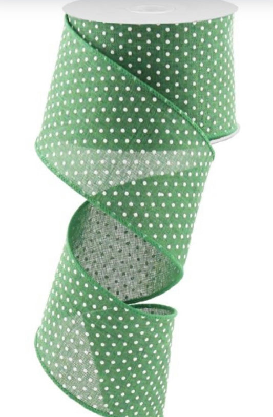 10 Yards - 2.5" Wired Green and White Raised Swiss Dots on White Ribbon