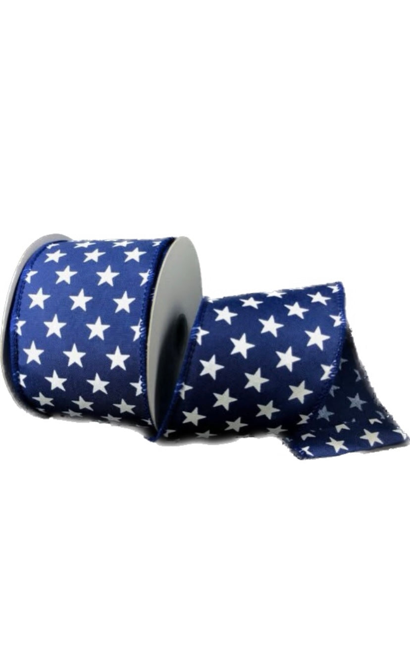 Wired Navy Blue with White Stars Patriotic Ribbon-2.5”x10 Yards