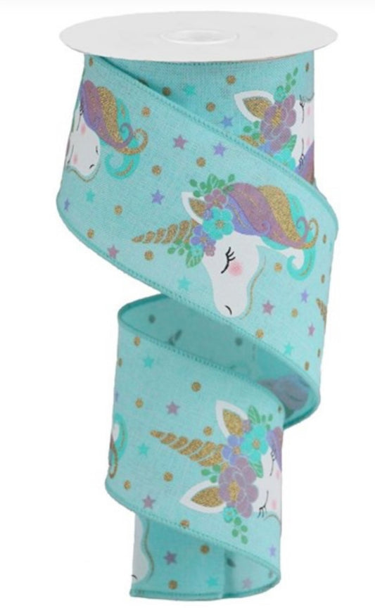 10 Yards - 2.5" Wired Ice Blue Background Unicorn Ribbon