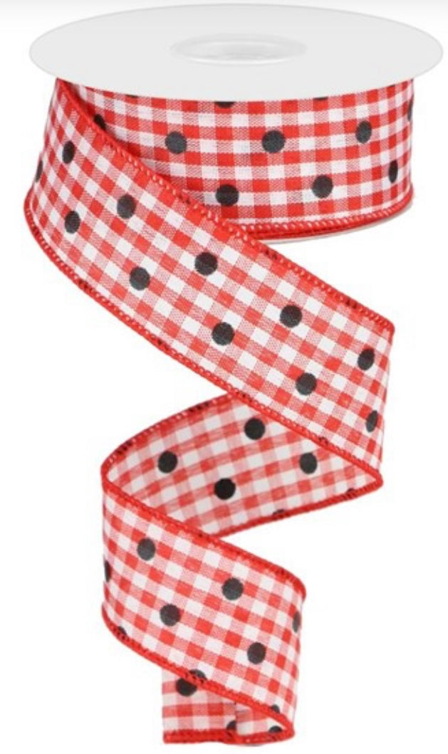 10 Yards - 1.5” Wired Red and White with Black Polka Dot Ribbon